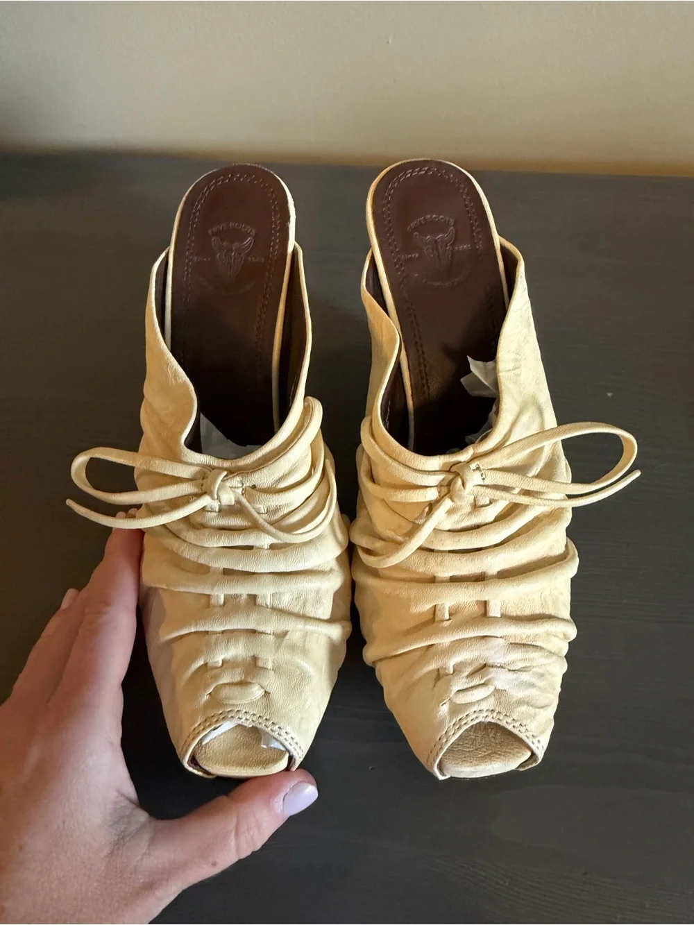 Frye Women’s Gwynn Leather Cream Lace-Up Wedge Mules